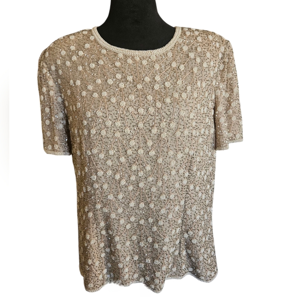 Vintage Papell Boutique Evening 100% Silk Fully Beaded Beige Blouse Size…
